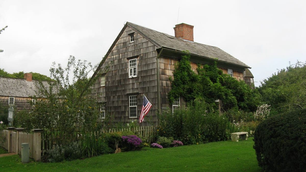 Home Sweet Home, East Hampton — the shingled colonial saltbox on the village green behind its picket fence and flower border, the John Howard Payne Memorial on James Lane.