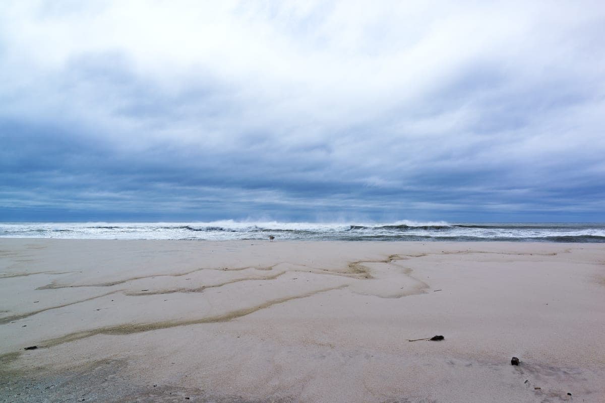 Cupsogue's ocean side. The Commons file is titled "Cupsogue beach during Jose" — it was photographed during Tropical Storm Jose in September 2017, so the heavy surf and grey sky are storm conditions and not a typical summer day here.