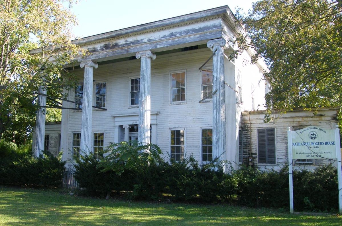 The Town of Southampton's own marker is in frame reading 'NATHANIEL ROGERS HOUSE, Est. 1840, Bridgehampton Historical Society' at street number 2539 — matching this record's exact address.