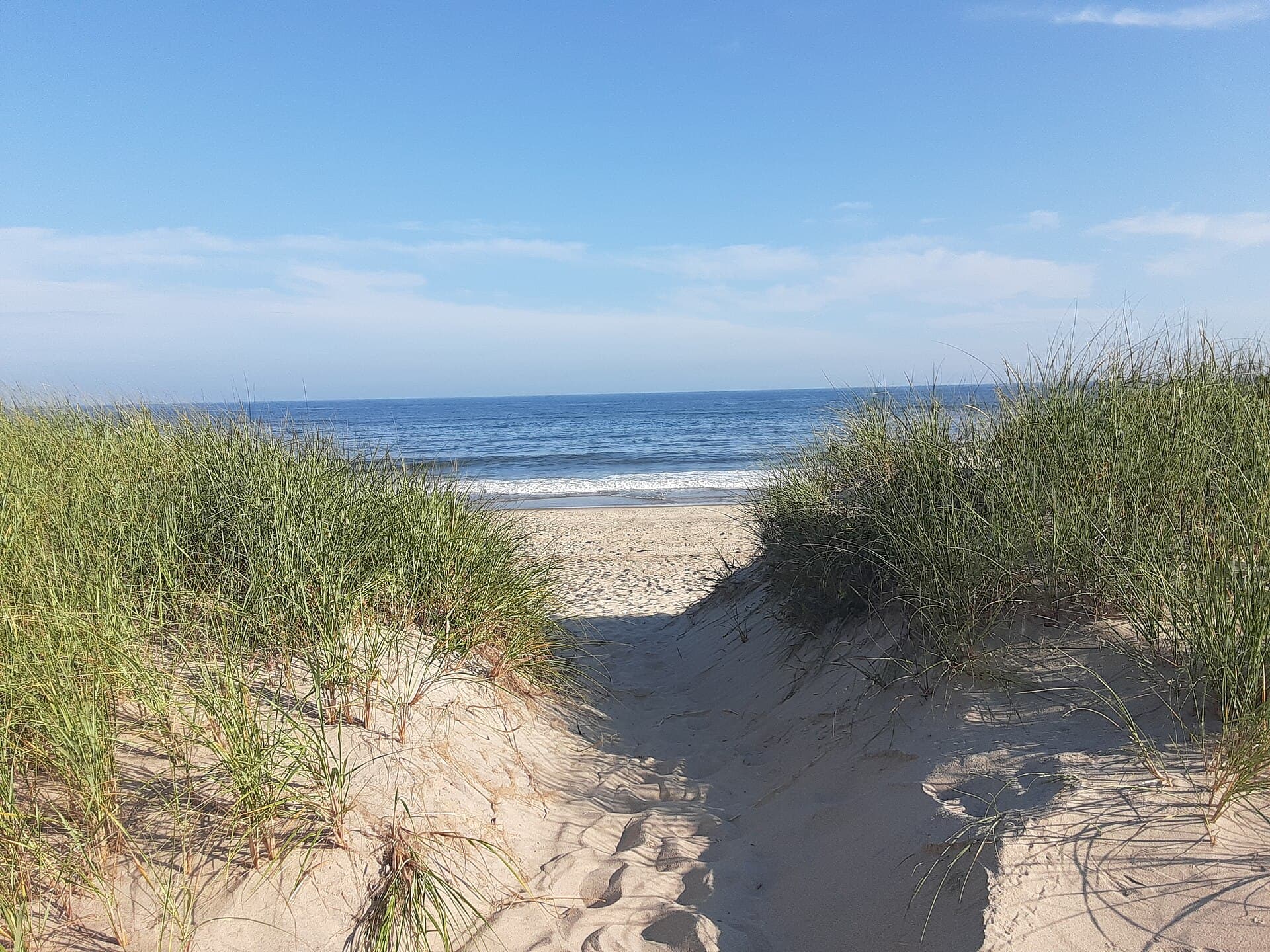 The path through the beach grass down onto Hither Hills, dunes either side and open ocean ahead under a clear blue sky. This is the walk in from the parking side, which is how most people arrive.